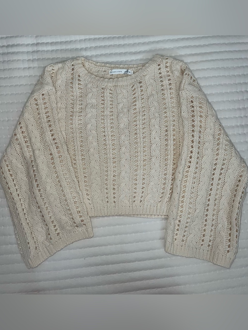 Altar'd State Cream Openwork Cable Knit Crew Sweater